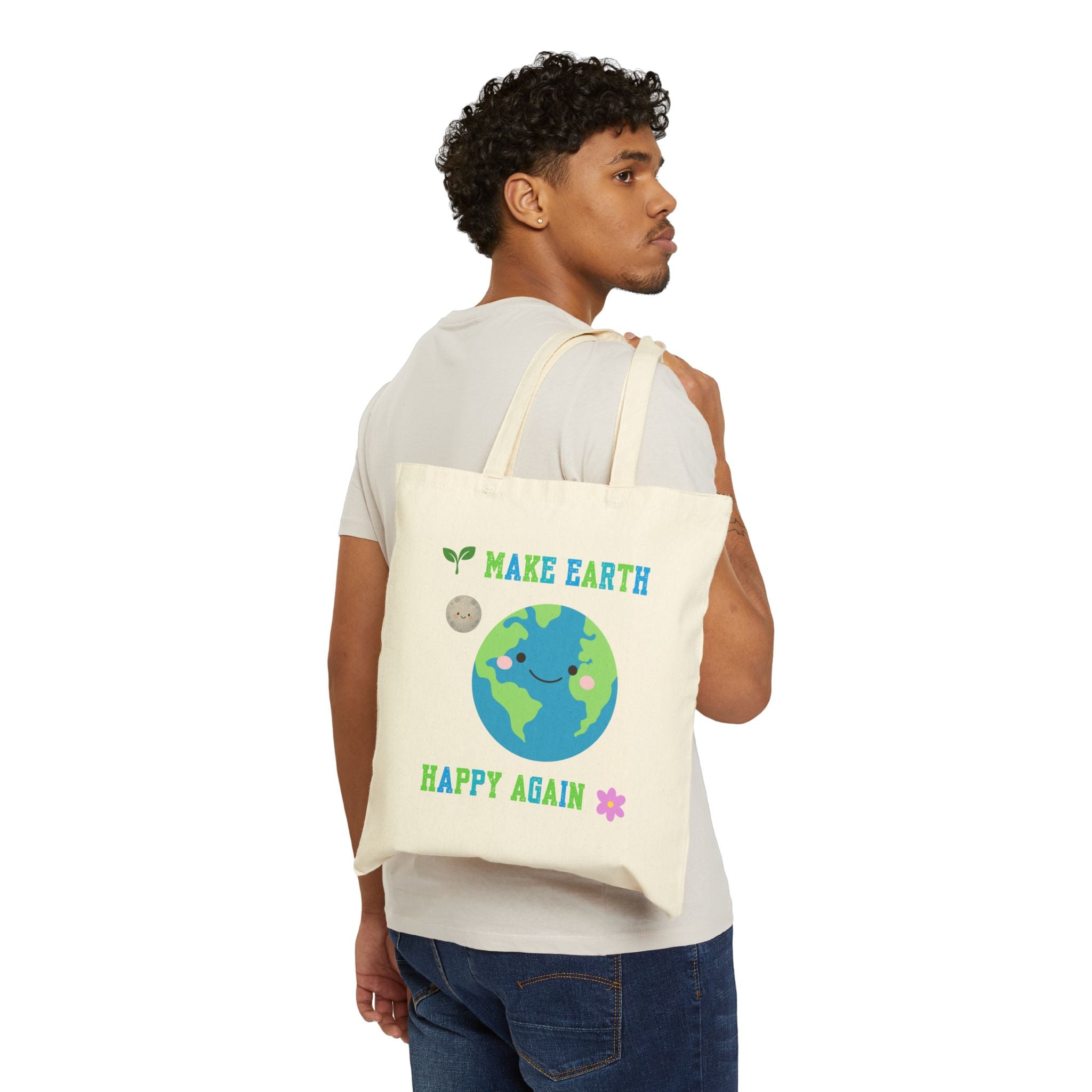 Eco-Friendly Tote Bag — "Make Earth Happy Again" Cute Earth Graphic