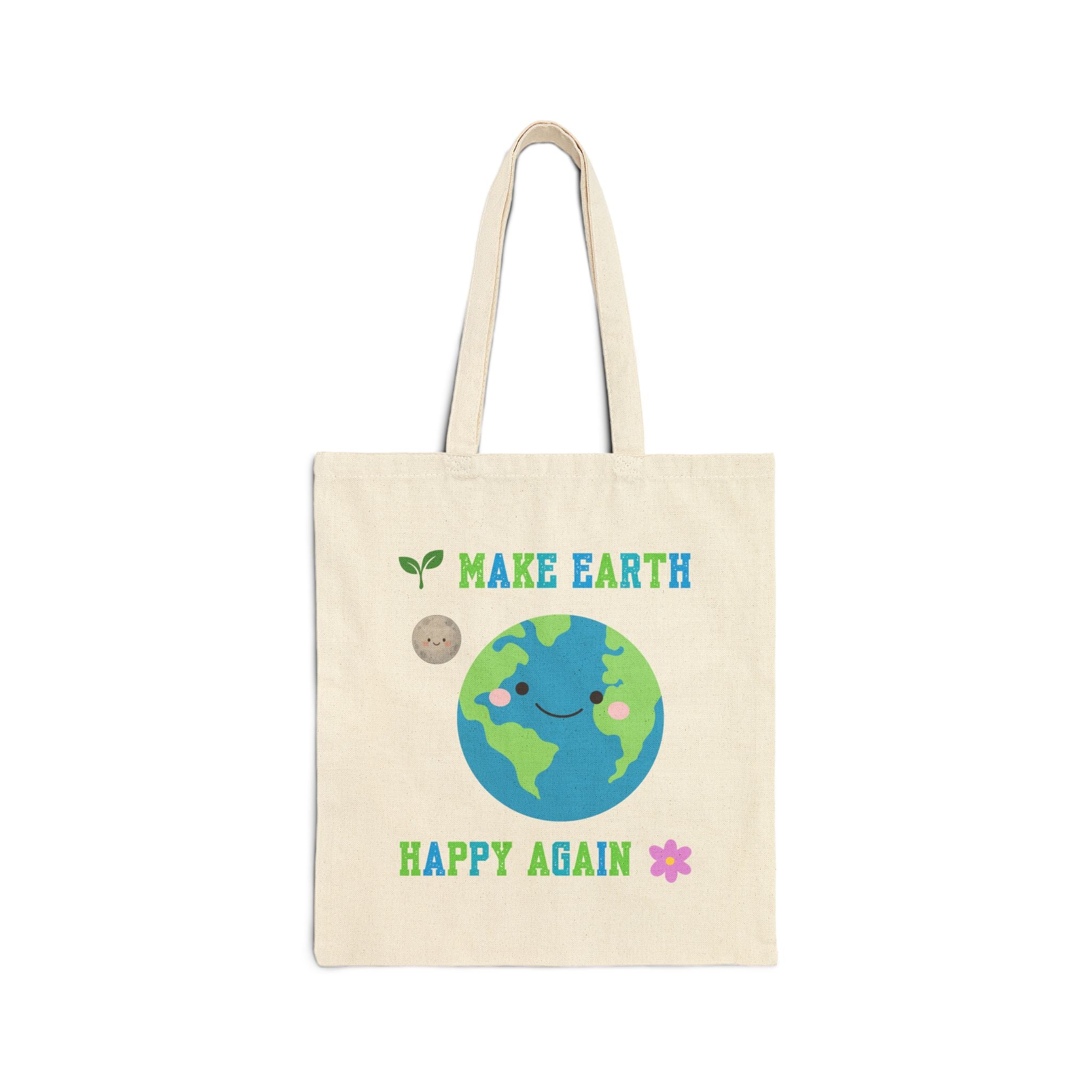 Eco-Friendly Tote Bag — "Make Earth Happy Again" Cute Earth Graphic