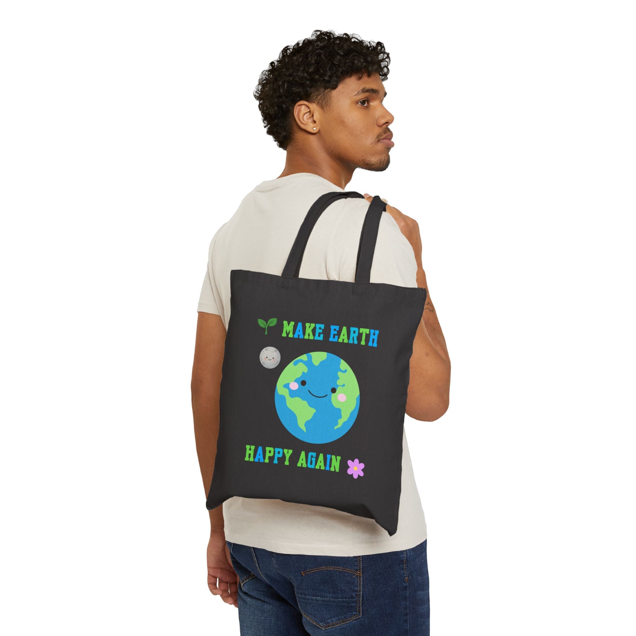 Eco-Friendly Tote Bag — "Make Earth Happy Again" Cute Earth Graphic